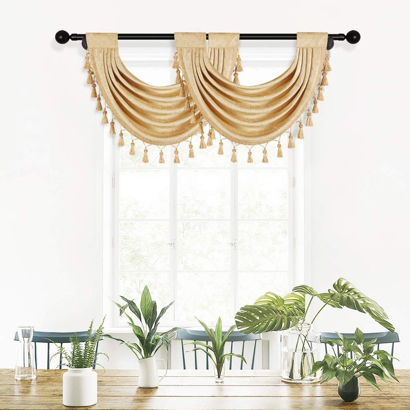 ELKCA Thick Chenille Waterfall Swag Valances for Living Room Gold Valance Window Curtains for Kitchen,Pack of 2 (Gold, 30" W x 22" L) - Image 1